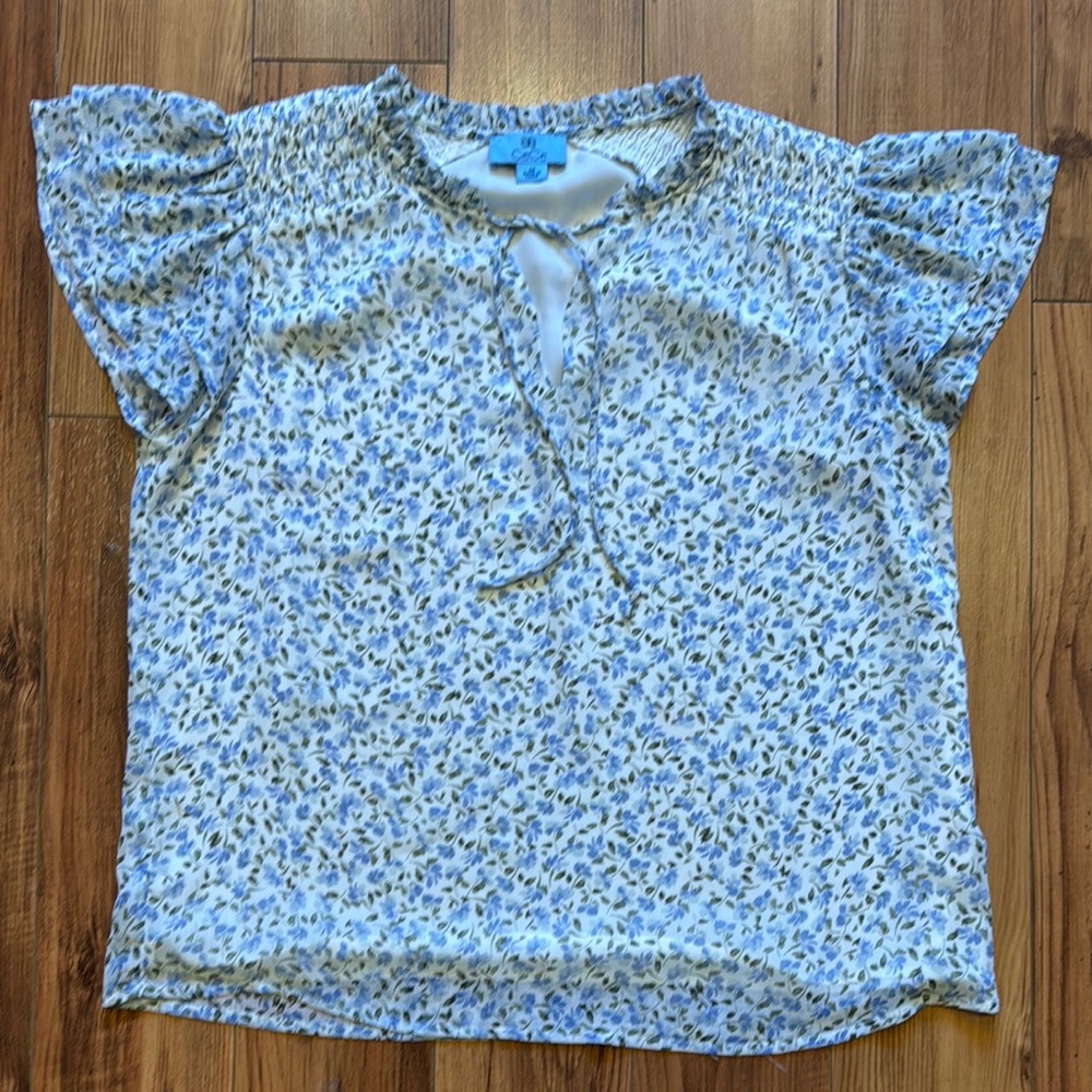 CeCe Light Blue and Cream Flutter Sleeve Blouse with Ruffled Tie Front